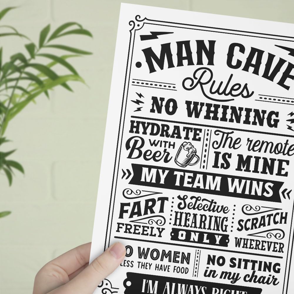 - Maise & Rose Man Cave Gift | Funny Man Cave Rules A4 Unframed Black and White Print | Man Cave Wall Art -