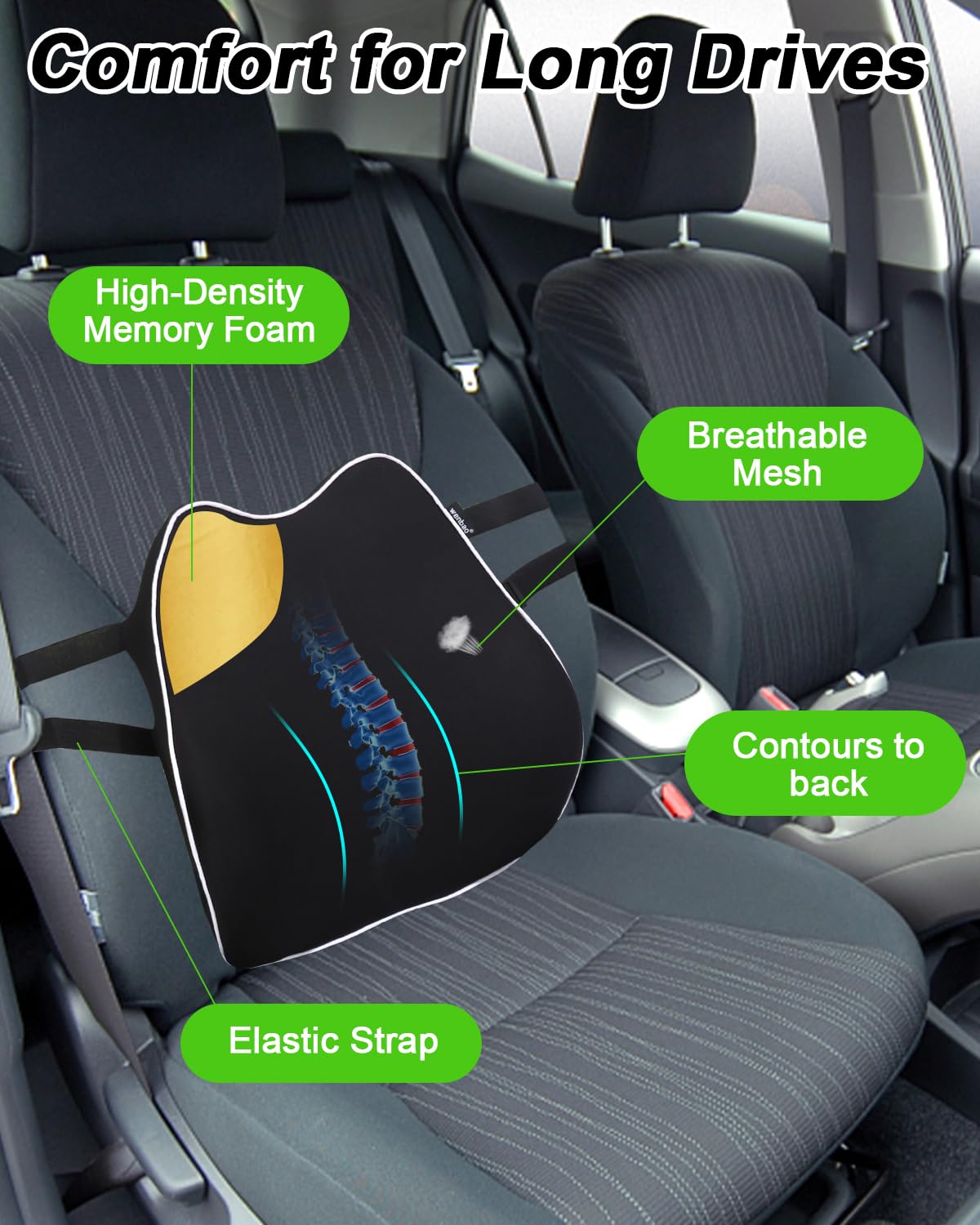 Comfort Lumbar Support Cushion, Ergonomic Memory Foam Lumbar Support for Car, Black Back Support Cushion Pillow, Breathable Car Seat Back Support for Office Chair Car Seat Prevent Lower Back Sciatica