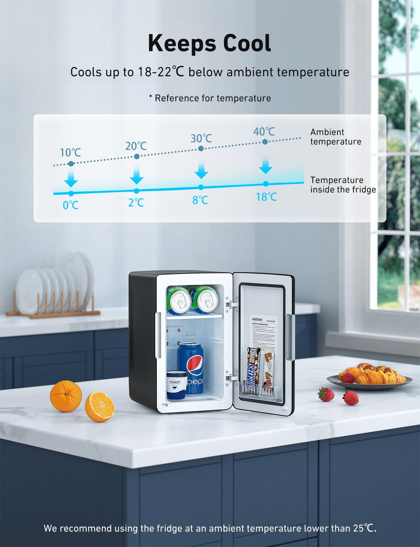AstroAI Mini Fridge 6 Litre / 8 Can | Cooler and Warmer | AC/DC | Small Fridge for Bedrooms, Car, Drinks, Beauty, Skincare, Travel (Deep Black)
