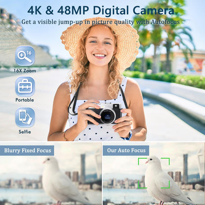 4K Digital Camera with Viewfinder & Flash, Autofocus 48MP Cameras for Photography Vlogging Camera for Adults Teens Compact Travel Camera with Classic Dial, Time Lapse, Selfie, 16X Zoom, 32GB SD Card