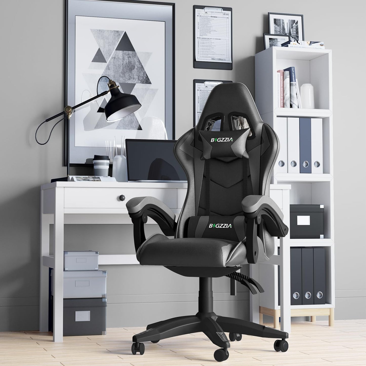 bigzzia Gaming Chair Office Chair Desk Chair Swivel Heavy Duty Chair Ergonomic Design with Cushion and Reclining Back Support (Gray)