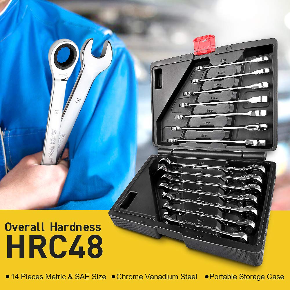 AZUNO Ratchet Spanner Set, 14-Piece Metric & SAE Combination Spanners, Chrome Vanadium Steel with Deluxe Case