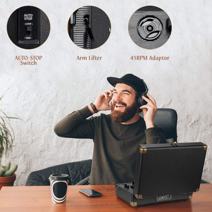 - Retrolife Vinyl Record Player | 3-Speed | Bluetooth | Suitcase Portable Belt-Driven Record Player with Built-in Speakers -