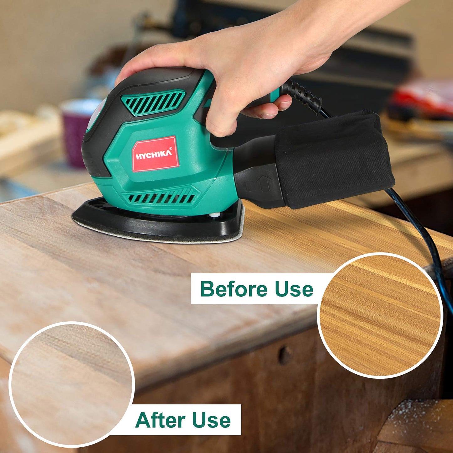 - HYCHIKA Sander for Wood 200W | Electric Sander with Dust Collector | 12PCS Sandpapers | 14000RPM Compact Electric Detail Sander -