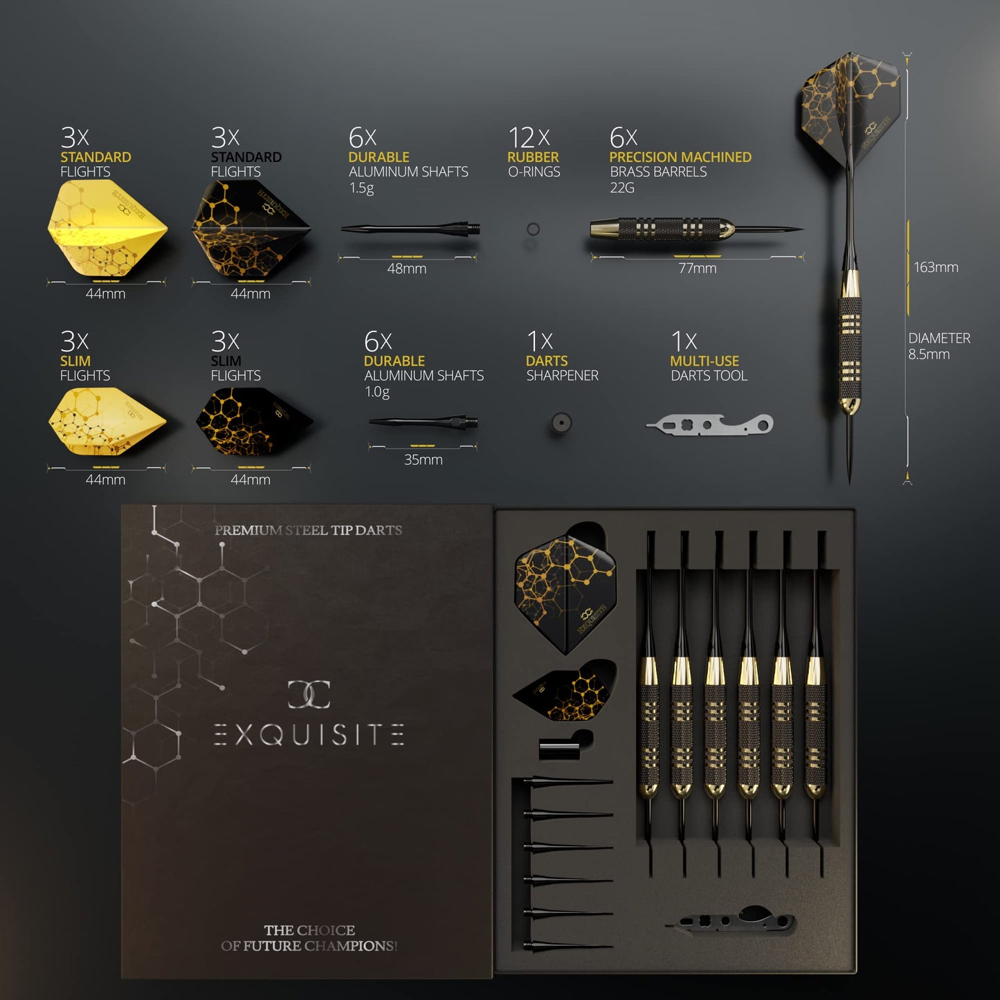 CC-Exquisite Professional Steel Tip Darts Set - 6 x 22g Brass Barrels with 12 Flights Standard/Slim, 12 Aluminum Shafts 35/48mm, 12 O-Rings, Dart Tool, Dart Sharpener and Case…