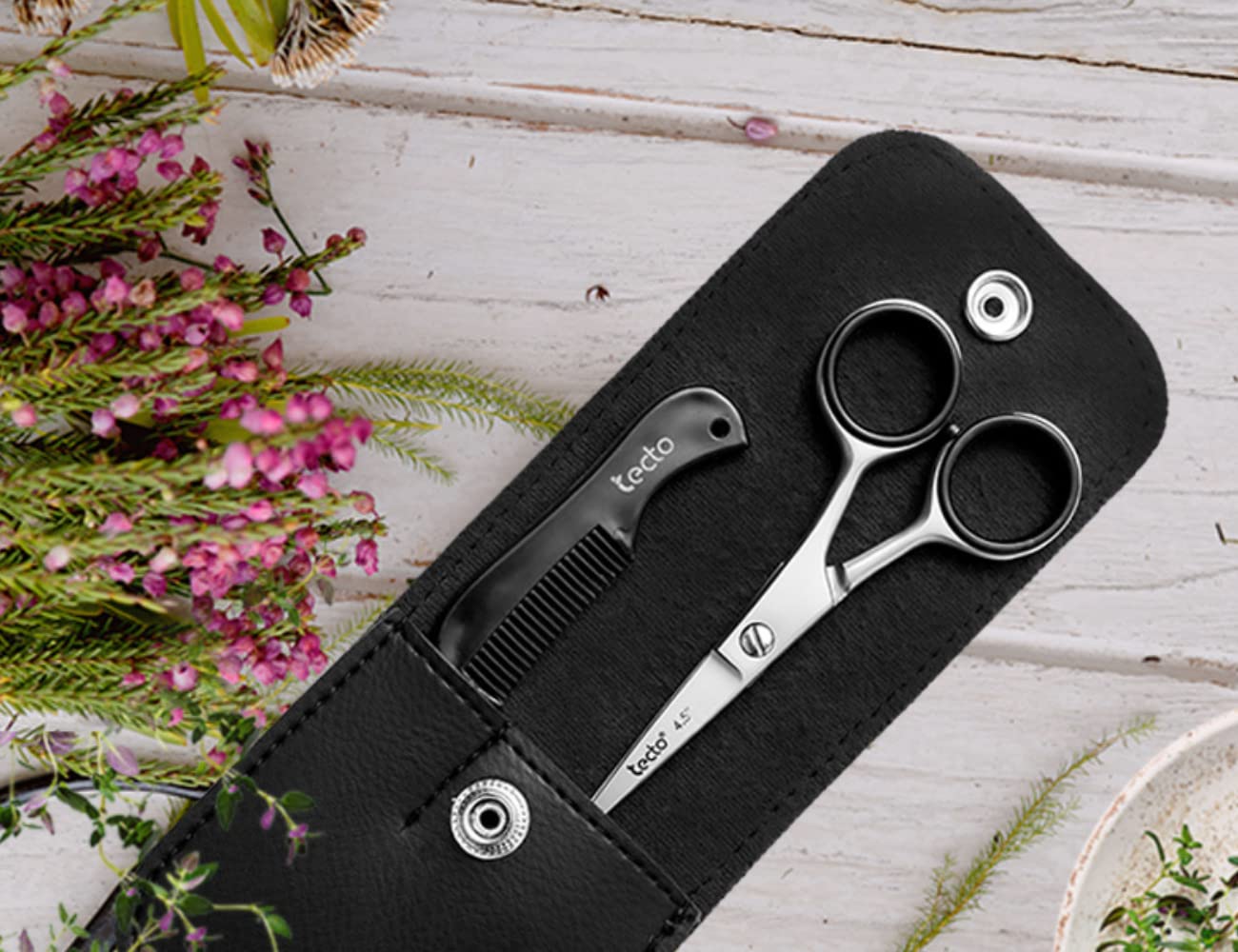- Tecto 4.5" | Beard Moustache Scissors | Comb & Pouch | Stainless Steel Eyebrow Scissors -