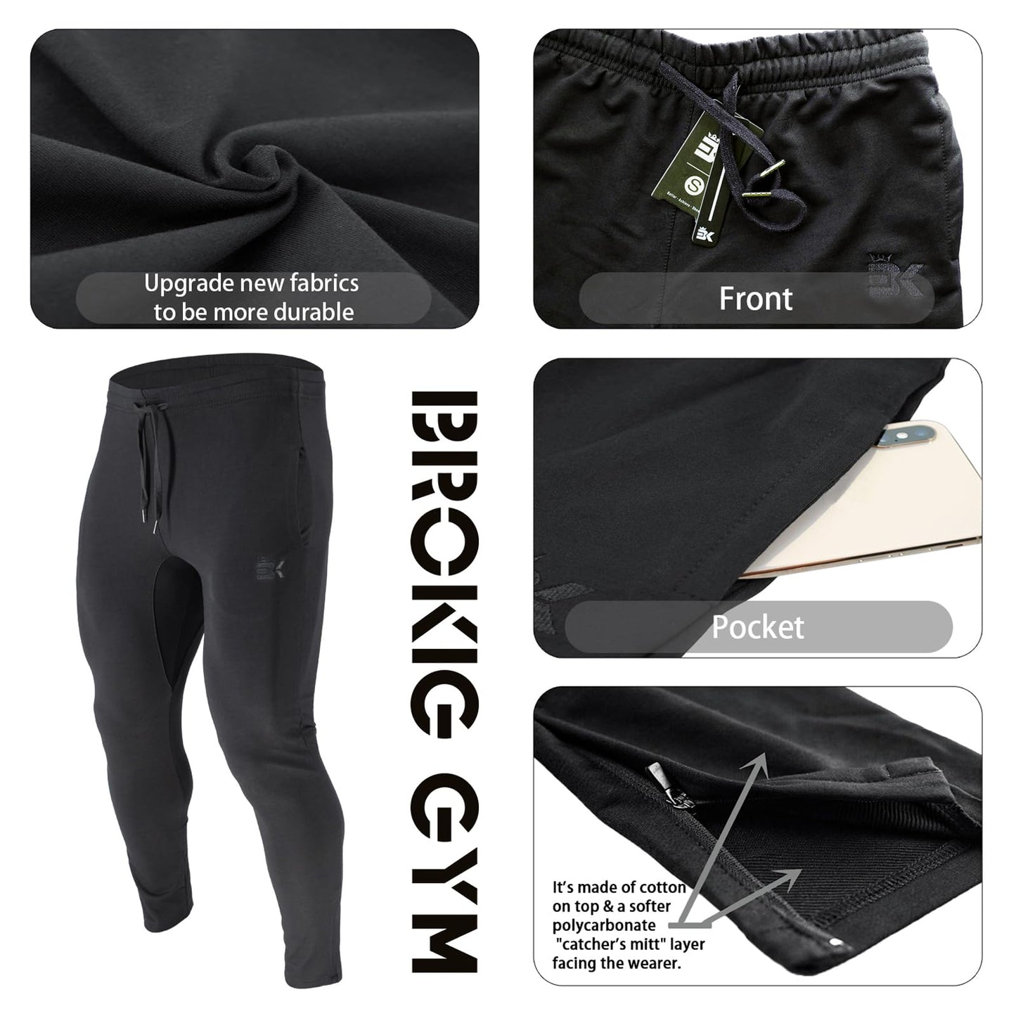 BROKIG Mens Zip Gym Joggers Sweatpants Slim fit Tracksuit Bottoms Casual Chinos Running Trousers Pockets(Large, Black)