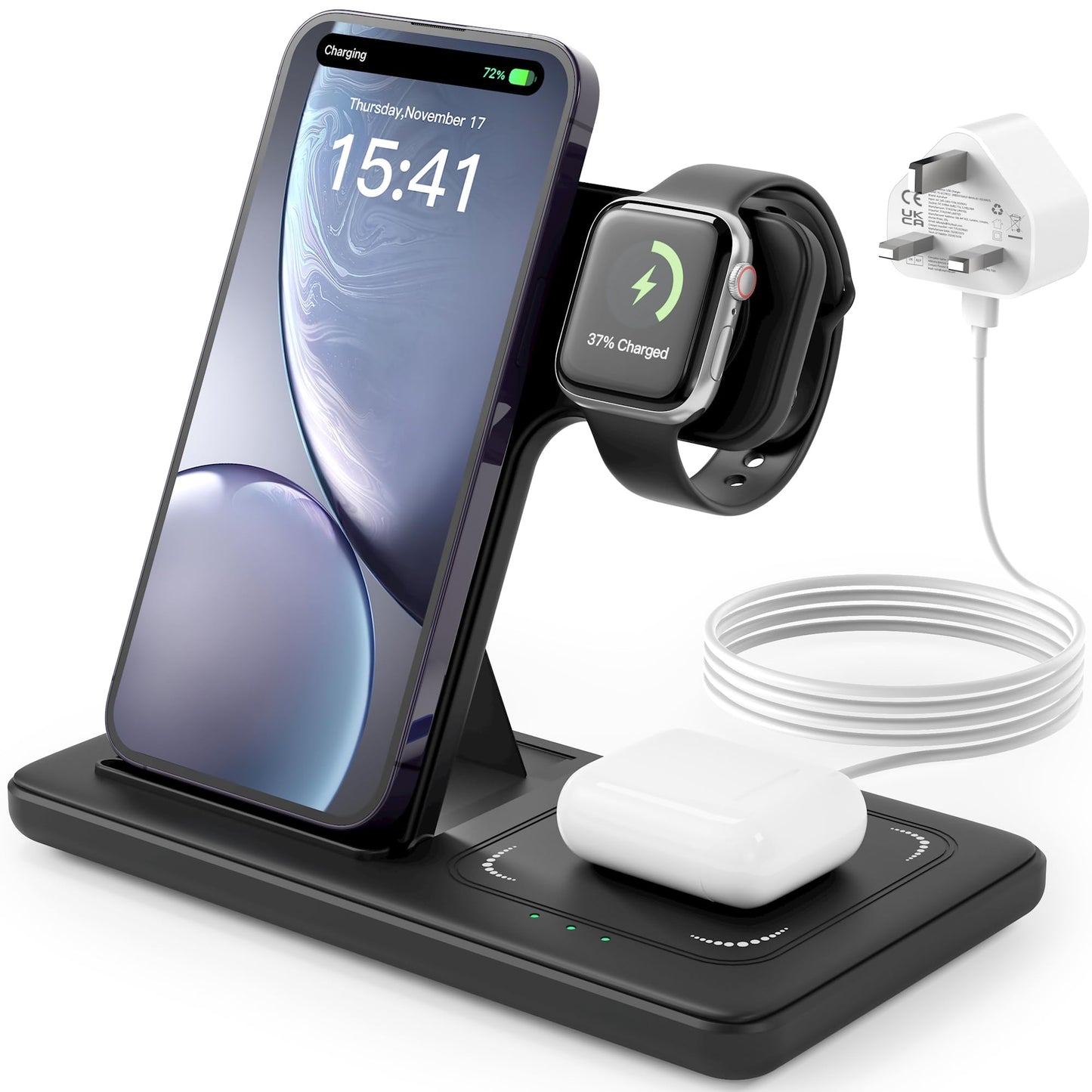 - Wireless Charger, 3 in 1 Charging Station, 15W Qi Fast Foldable Magnetic Stand Dock