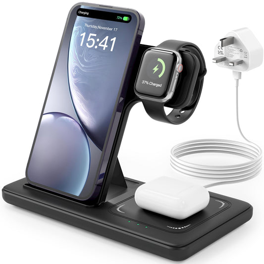 - Wireless Charger, 3 in 1 Charging Station, 15W Qi Fast Foldable Magnetic Stand Dock
