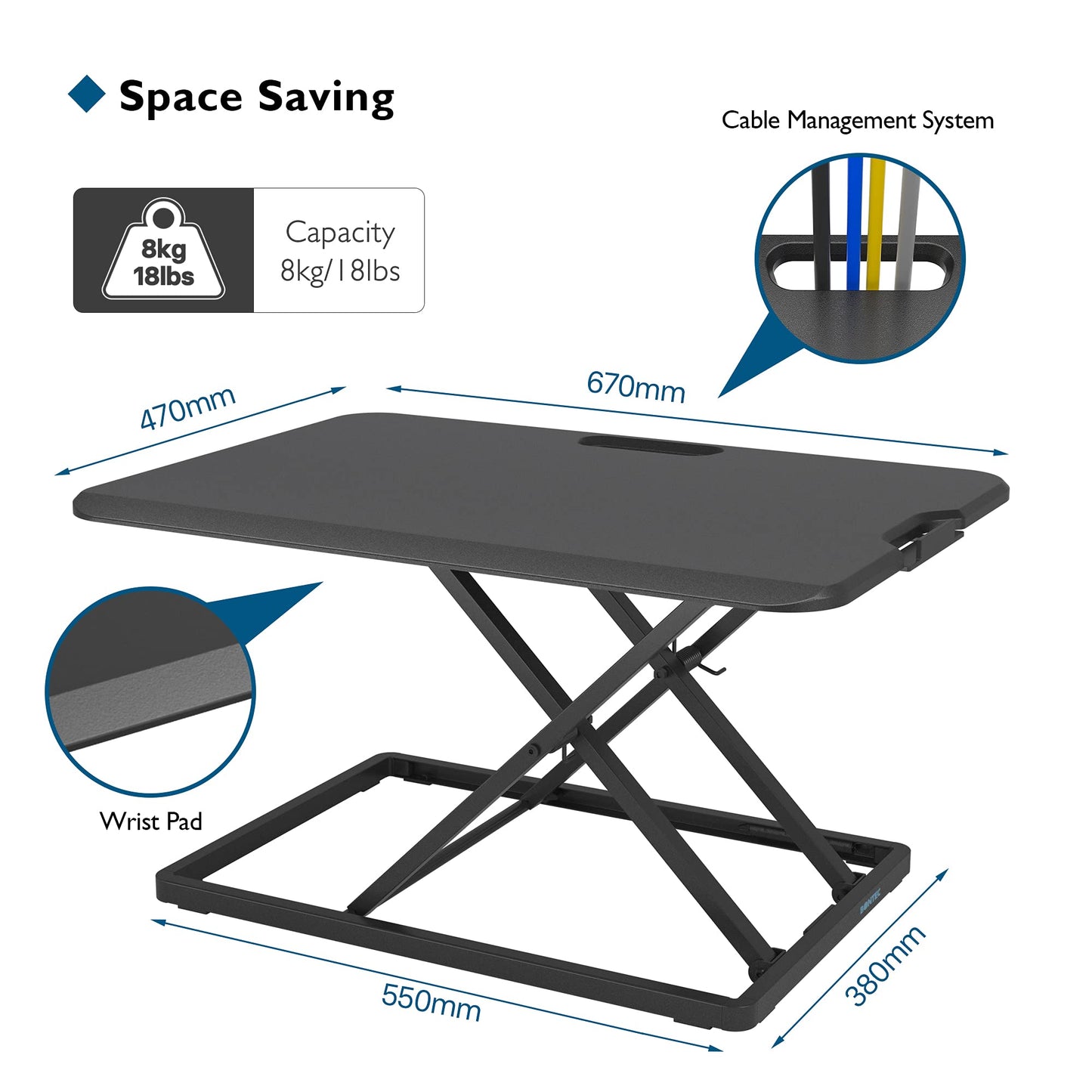 BONTEC Standing Desk Converter 67x47cm, Height Adjustable Sit Stand desk Converter Workstation, Ergonomic X-Frame Desk Riser for Laptop, Monitor, Keyboard Home Office, Ultra-Slim Desk Raiser up to 8kg