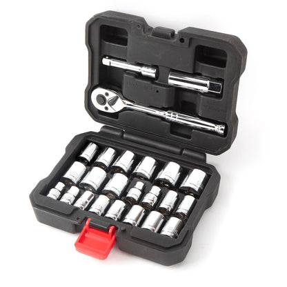 - WORKPRO 24PC Socket Set 3/8" Ratchet Drive Sockets Wrench, 11pc Metric & 10pc SAE Sockets, Extension Bar Spark Plug Rachet Set Spanners with Blow Molded Case