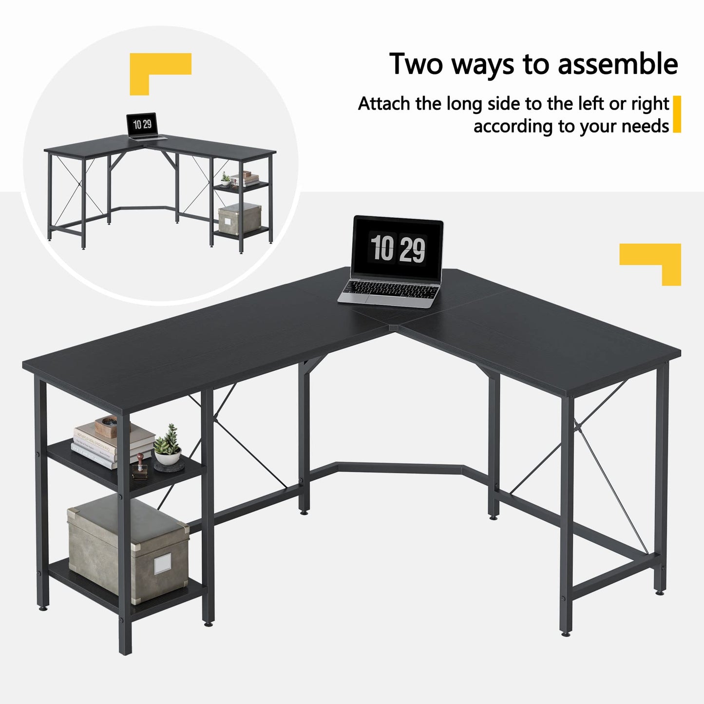 CubiCubi L Shaped Computer Desk, 150 cm Industrial Office Desk with Storage Shelves, White Wood and Metal Corner Desk for Home Office, Black