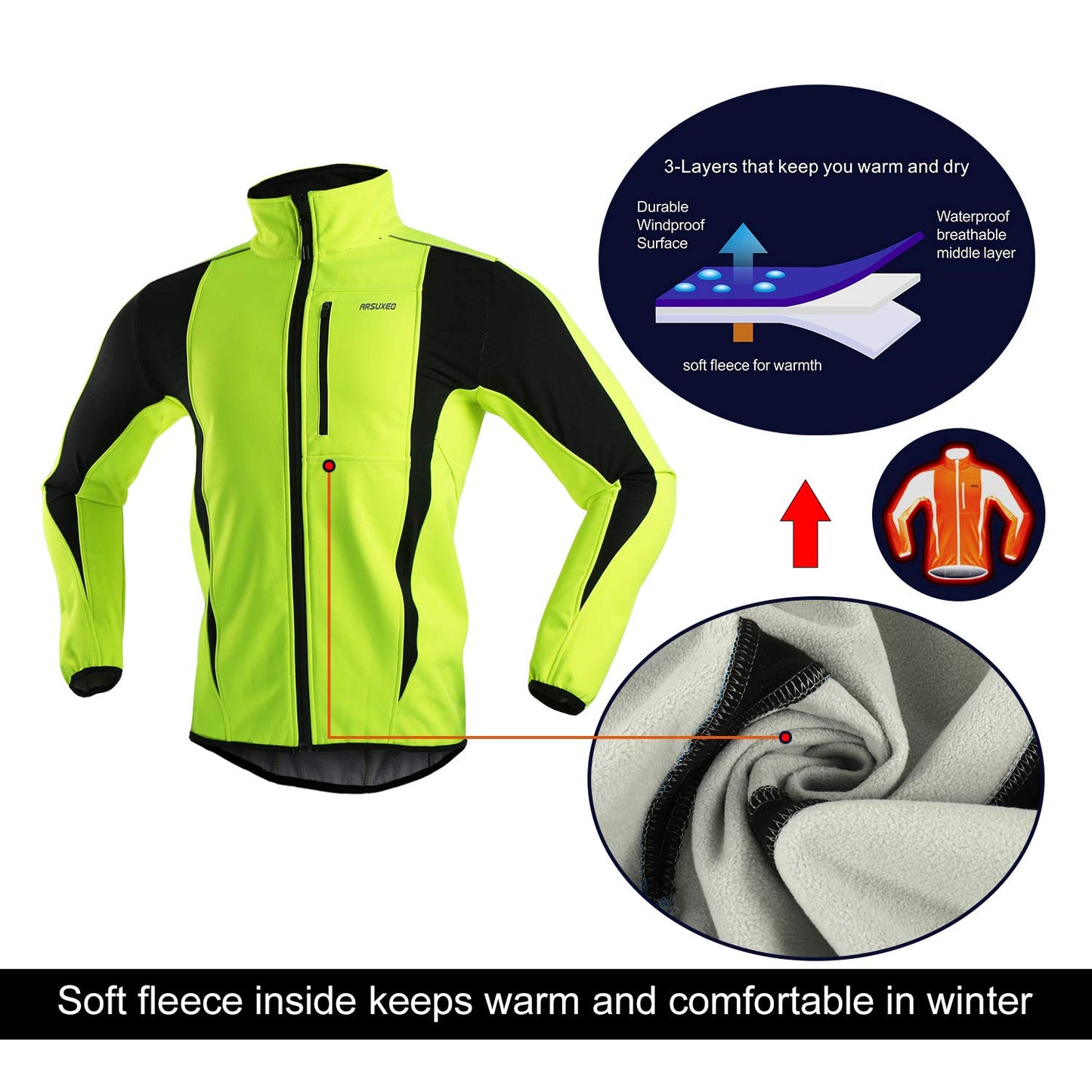 ARSUXEO Cycling Jacket Mens Waterproof Windproof Softshell Winter Thermal Breathable Bike Outerwear 15K Green Size Large