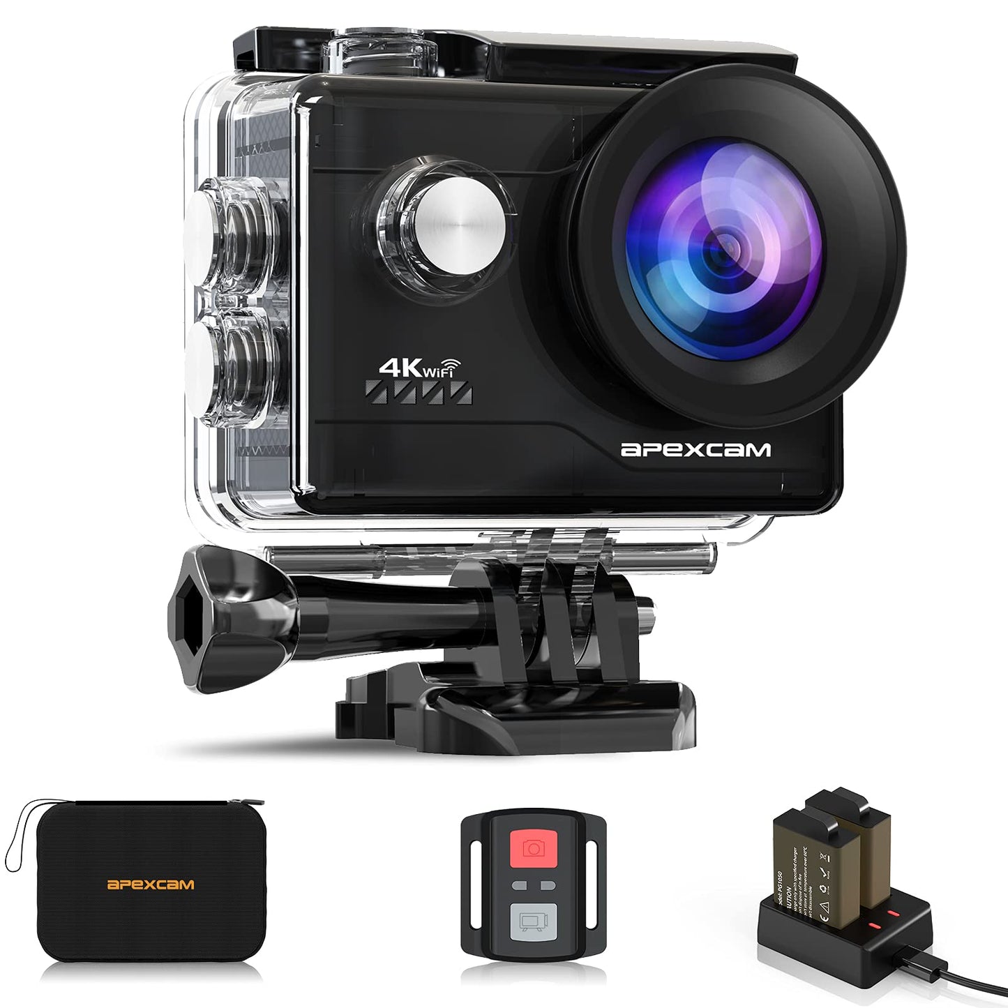 Apexcam 4K Action Camera 20MP 40M Waterproof Sports Camera for Vlog With Ultra HD 170°Wide-Angle 2.4G Remote Control 2 Rechargeable Batteries 2.0'' LCD Screen and Accessories Kit