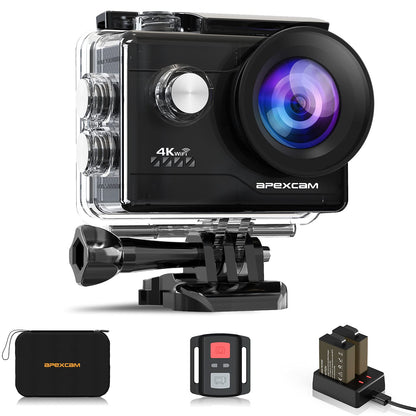 Apexcam 4K Action Camera 20MP 40M Waterproof Sports Camera for Vlog With Ultra HD 170°Wide-Angle 2.4G Remote Control 2 Rechargeable Batteries 2.0'' LCD Screen and Accessories Kit