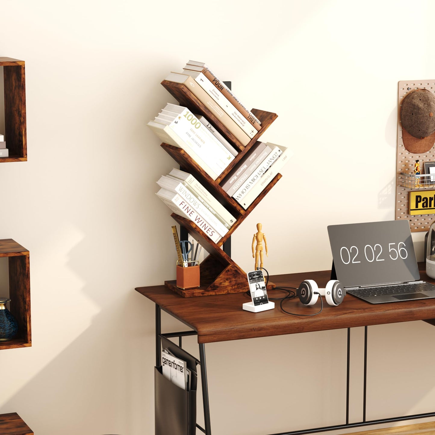 - Yusong Tree Bookshelf, 5-Tier Small Bookcase with Metal Frame, Geometric Floor Standing Books Shelves