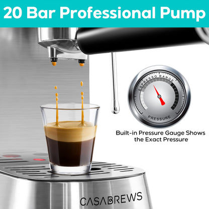 CASABREWS Espresso Machine 20 Bar, Stainless Steel Espresso Coffee Machine with Milk Frother Steam Wand, Barista Coffee Maker with 1L Removable Water Tank for Cappuccino, Latte, Gift for Her or Him