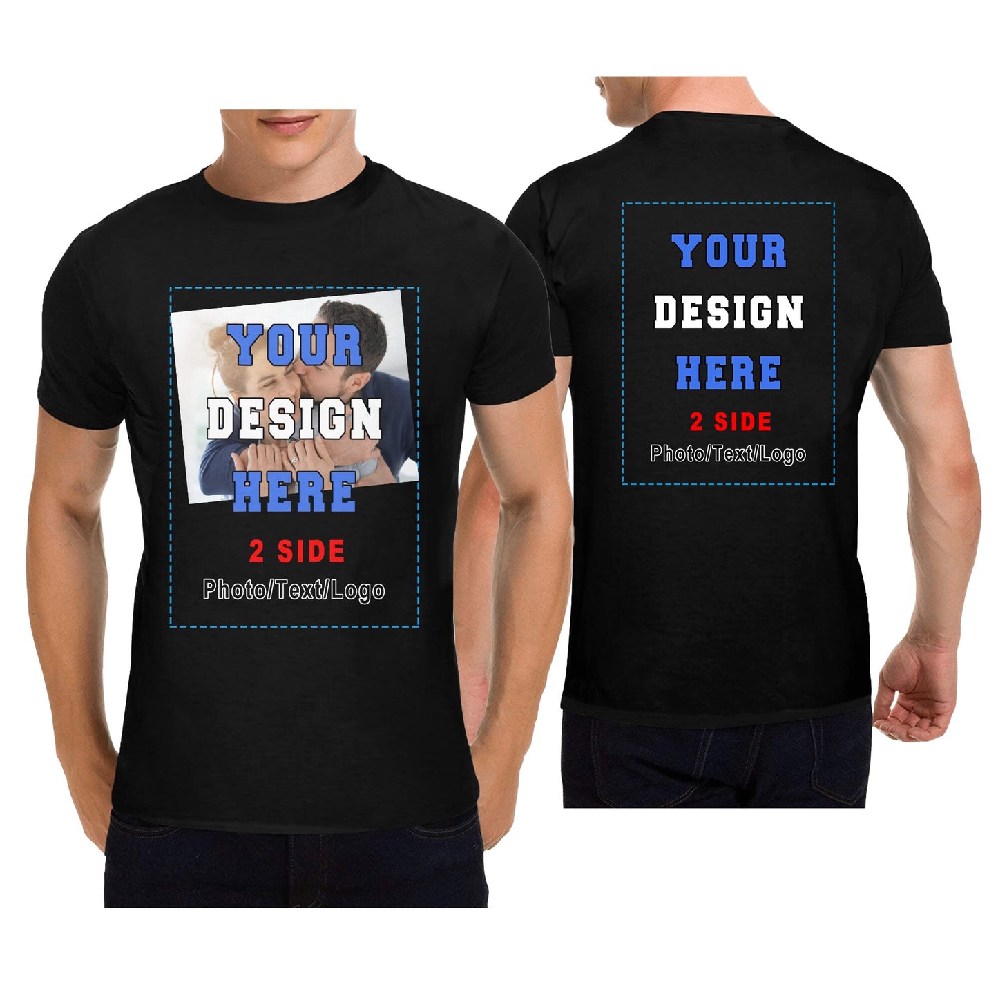 Custom T Shirts Personalized Add Your Photo Text Ultra Soft for Men Women, Front & Back Print Heavy Cotton Short Sleeve T Shirt Black