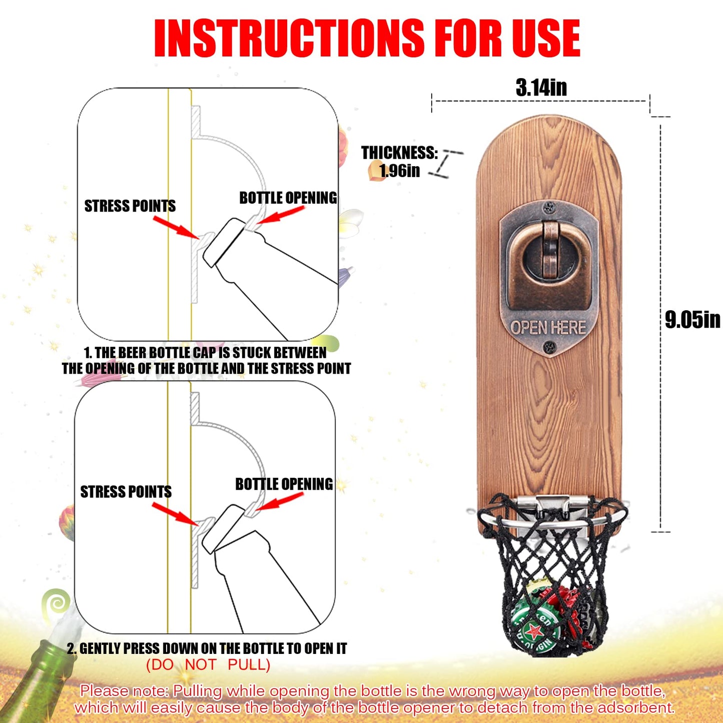 - ZONSUSE Magnetic Bottle Openers with Netting Catcher, Wall Mounted Wooden Beer Bottle Opener