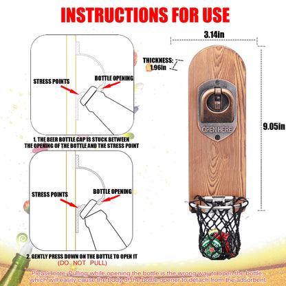 - ZONSUSE Magnetic Bottle Openers with Netting Catcher, Wall Mounted Wooden Beer Bottle Opener