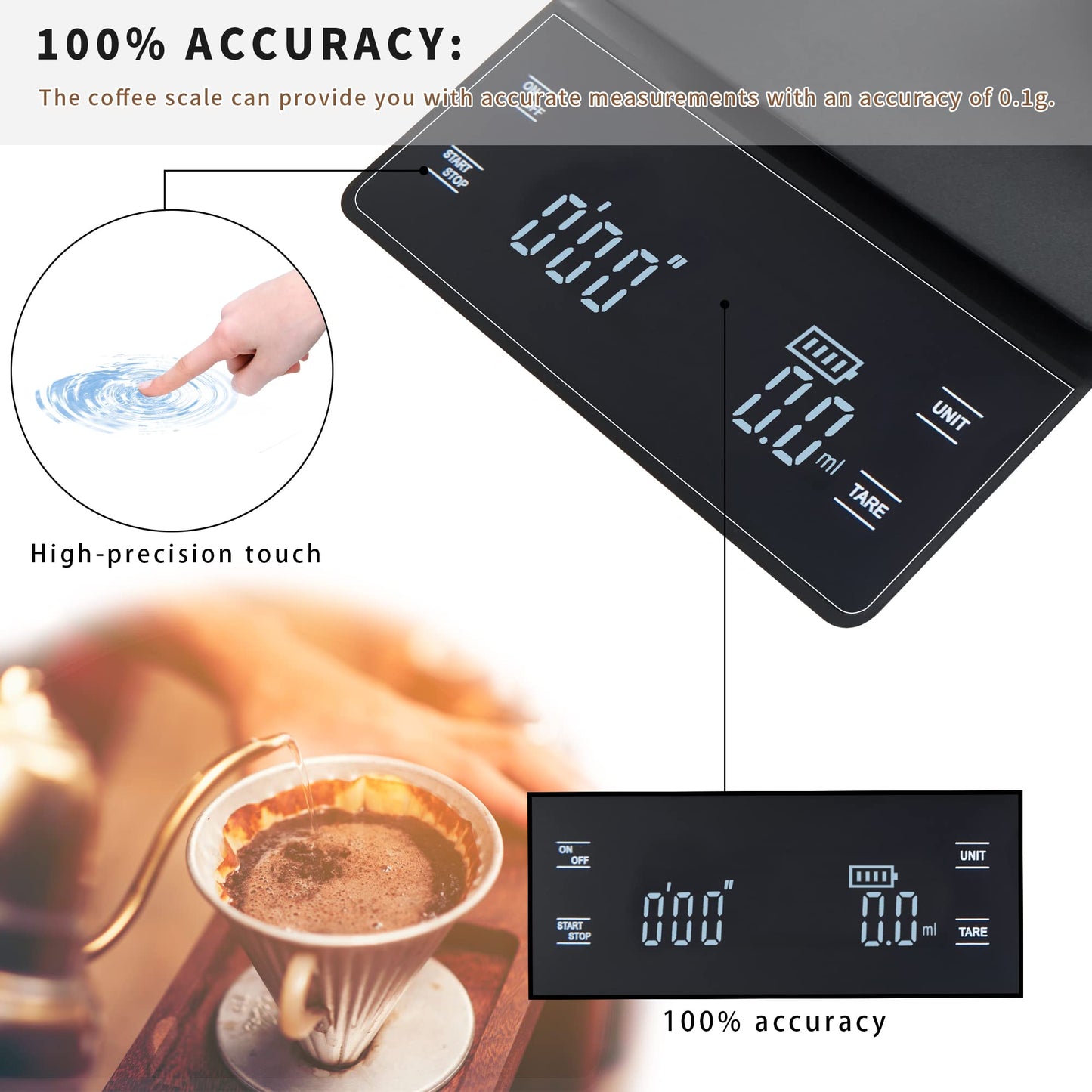 bemece Digital Coffee Scales with Timer,0.1g/3KG High Precision Kitchen Scale with Large LED Display,Waterproof Electronic Espresso coffee Weighing Scales(Type C charging cable)