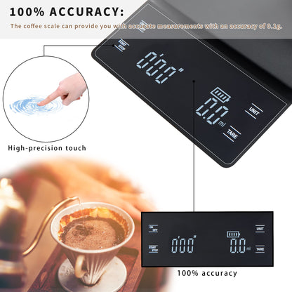 bemece Digital Coffee Scales with Timer,0.1g/3KG High Precision Kitchen Scale with Large LED Display,Waterproof Electronic Espresso coffee Weighing Scales(Type C charging cable)