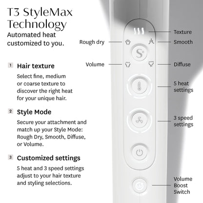 - T3 | Featherweight StyleMax Professional Ionic Hair Dryer | Custom Heat Automation & 4 Attachments, Fast Drying -