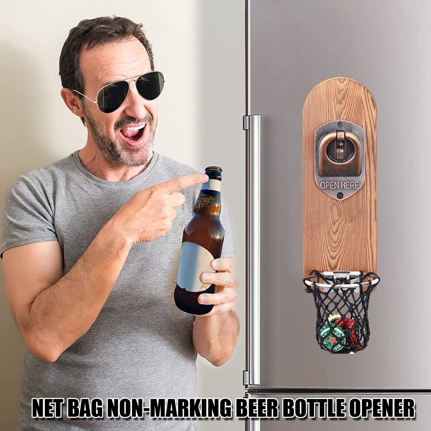 - ZONSUSE Magnetic Bottle Openers with Netting Catcher, Wall Mounted Wooden Beer Bottle Opener