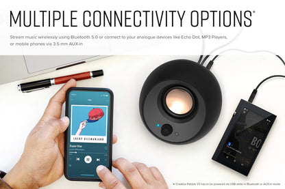 CREATIVE Pebble V3 Minimalistic 2.0 USB-C Desktop Speakers with USB Audio, Clear Dialog Enhancement, Bluetooth 5.0, 8W RMS with 16W Peak Power, USB-A Converter Included (Black)