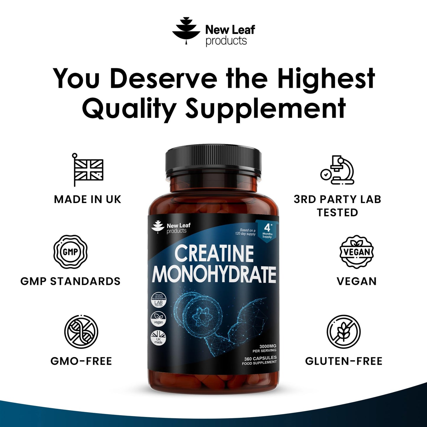 Creatine Monohydrate Capsules 3000mg - 360 Creatine Capsules (3 per Serving) 4 Months Supply- Exercise Workout Gym Supplement for Men & Women - Creatine Monohydrate Powder Capsules - UK Made