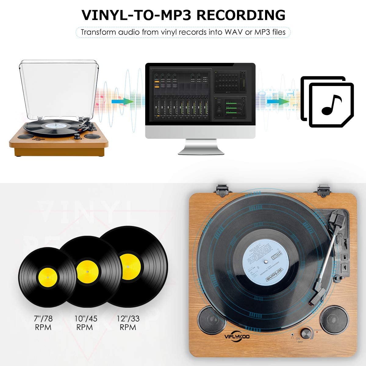 - Record Player | Bluetooth Portable Vinyl Turntable | Digital Encoder Built-in Stereo Speaker -