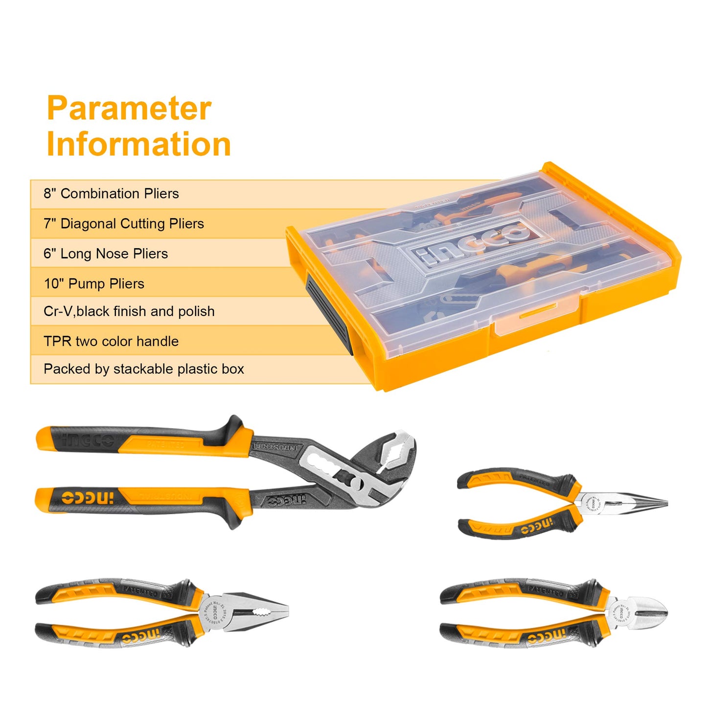 - INGCO 4Pcs Pliers Set 8 Inch Combination Pliers | 7 Inch Diagonal Cutting Pliers | 6 Inch Long Nose Pliers | 10 Inch Pump Pliers -