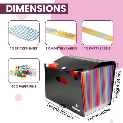 - File Organiser | 26 Folders for Paperwork A4 with Clips | Unique Design | 34 x 25 x 4 cm Quality PP Document Organiser | Flap & Elastic Cord Closure Comes with Labels, Tags & Sticker Card -