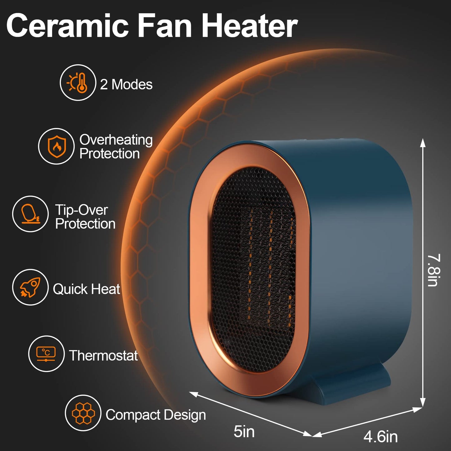 1200W Ceramic Plug in Fan Heater, Portable Electric Heaters with 2 Heat Modes, Overheating & Tip-Over Protection, Energy Saving, Small Smart Space Heaters for Bathroom, Bedroom, Living Room (Blue)