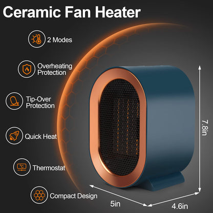 1200W Ceramic Plug in Fan Heater, Portable Electric Heaters with 2 Heat Modes, Overheating & Tip-Over Protection, Energy Saving, Small Smart Space Heaters for Bathroom, Bedroom, Living Room (Blue)