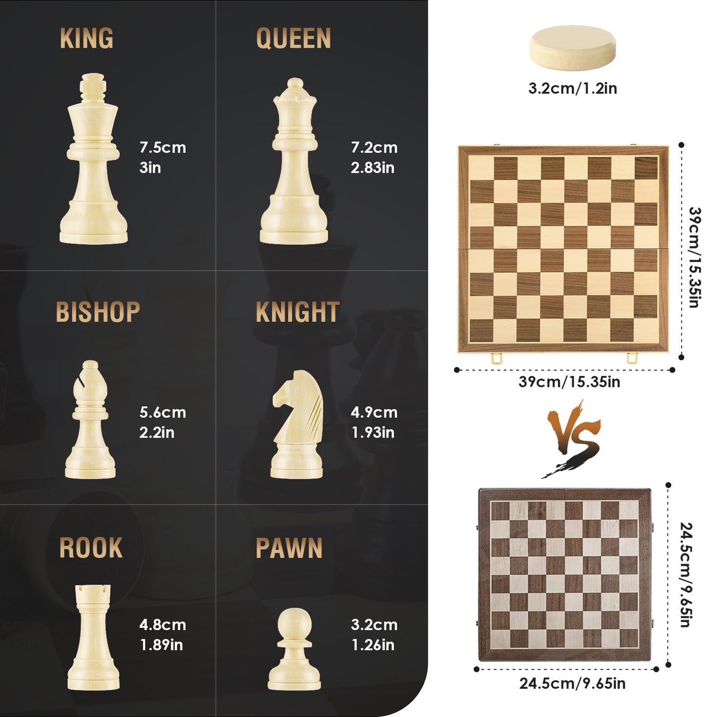 - Peradix Chess Set and Draughts Board Games | 2 in 1 Set | 39x39cm Magnetic Foldable Walnut Wooden Chess Board -