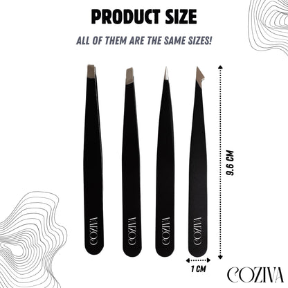 Coziva Professional Tweezers for Facial Hair Women & Men- 4 Pcs Precision Tweezer Set- Stainless Steel Eyebrow Tweezers Men - Ingrown Hair Tweezers for Facial Hair Removal & Grooming Needs