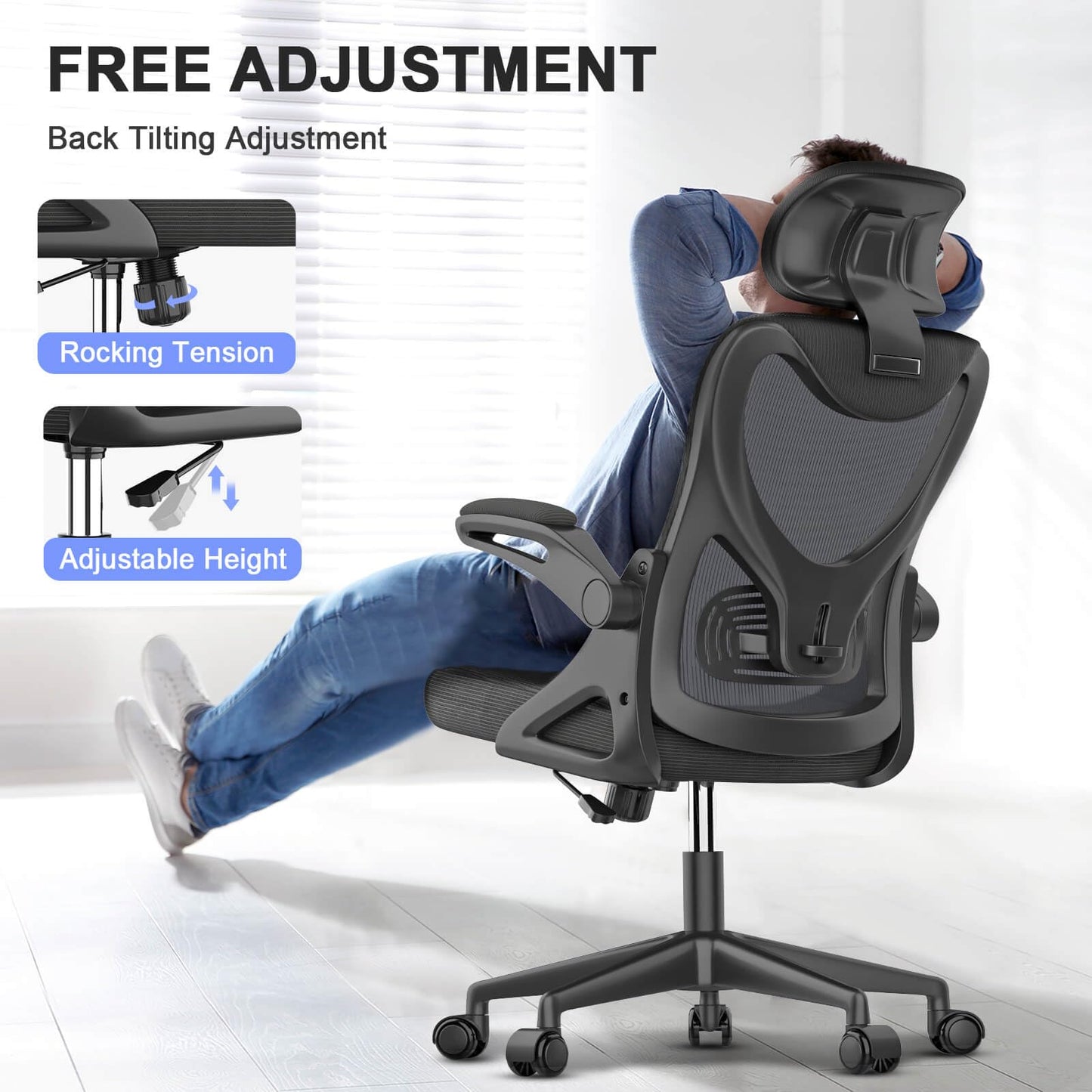 BareTay Office Chair Ergonomic Desk Chair with Lumbar Support Headrest Adjustable, Padded Flip-up Armrests Comfy Seat Cushion Mesh Office Desk Chair High Back Task Chair Swivel Computer Chair