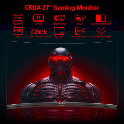 CRUA 27 Inch 144Hz/200Hz Curved Gaming Monitor, FHD 1920 * 1080P Frameless 1800R Computer Monitor, 1ms GTG with FreeSync, Low Motion Blur, Eye Care, VESA100*100, DisplayPort, HDMI, Black