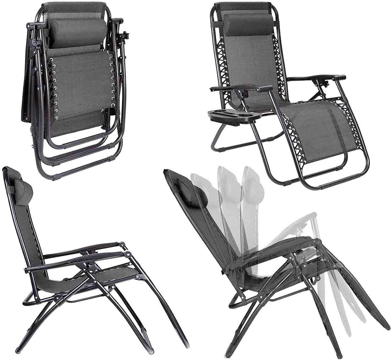Aspect Zero Gravity Chair Set of 2, Outdoor Garden Sunloungers, Sturdy Textoline, Reclining Garden Chairs with Cup Holder and Pillow Headrest - Black