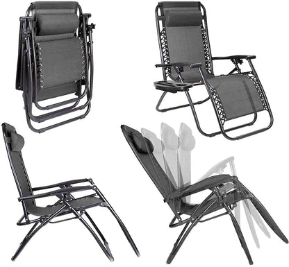 Aspect Zero Gravity Chair Set of 2, Outdoor Garden Sunloungers, Sturdy Textoline, Reclining Garden Chairs with Cup Holder and Pillow Headrest - Black