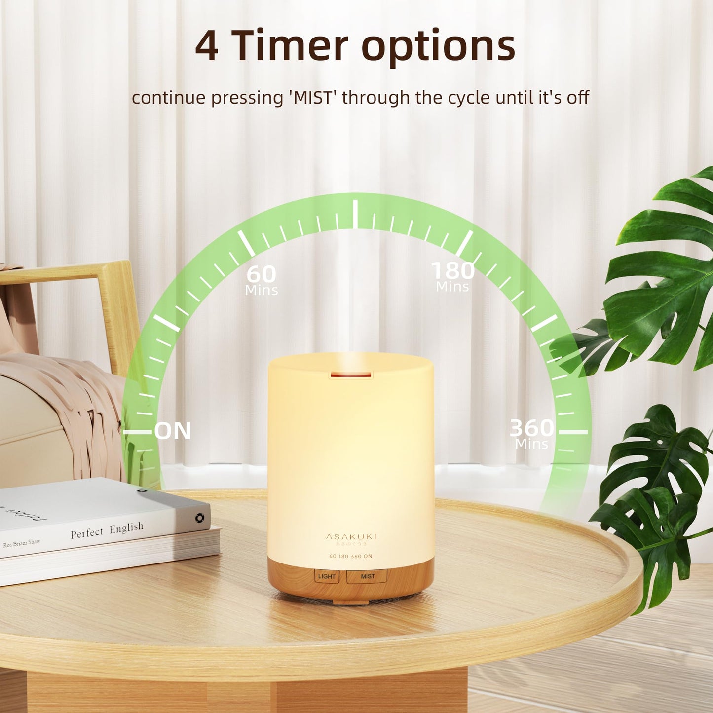 ASAKUKI 300ml Essential Oil Diffuser, Ultrasonic Aromatherapy Scented Diffuser Humidifier for Bedroom,Baby Room,Spa with 7 LED Color Lights and Auto Shut-Off, BPA-Free- Yellow Wood Grain