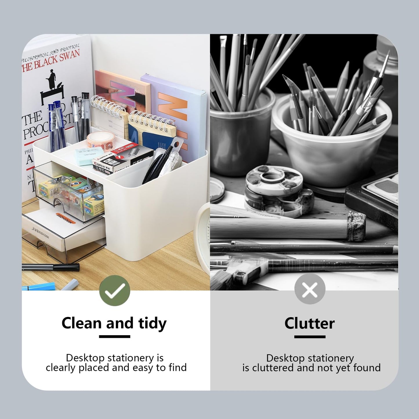 Desk Organiser Drawers, Desk Organiser with Drawer, Office Desk Supplies Organizer, Plastic Table Desktop Stationary Organiser Storage Pen Holder with 5 Compartments for School Office Home, White