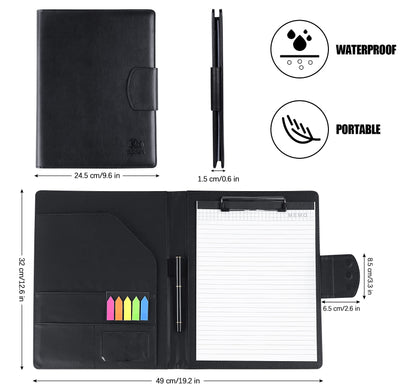 Clipboard Folder DIN A4, Leather Document Case Clip Board with Magnetic Closure Cover, for Work Writing Conference Folder Legal Pad with A4 Paper &Sticky Arrow Tabs &Pen, Black