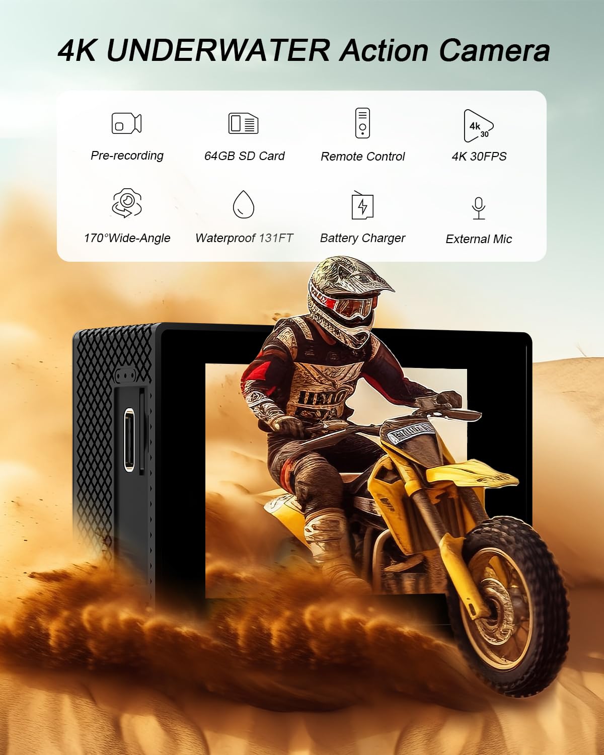 - Yolansin 4K Waterproof Action Camera: 64G SD Card 131ft Underwater Camera