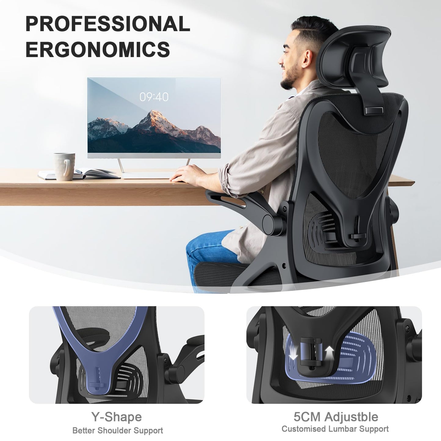 BareTay Office Chair Ergonomic Desk Chair with Lumbar Support Headrest Adjustable, Padded Flip-up Armrests Comfy Seat Cushion Mesh Office Desk Chair High Back Task Chair Swivel Computer Chair