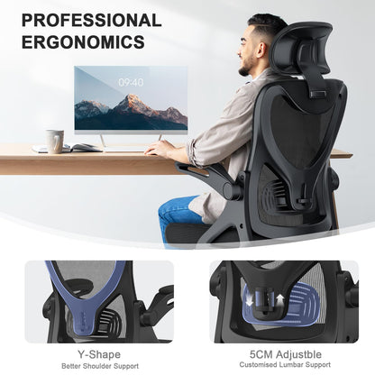 BareTay Office Chair Ergonomic Desk Chair with Lumbar Support Headrest Adjustable, Padded Flip-up Armrests Comfy Seat Cushion Mesh Office Desk Chair High Back Task Chair Swivel Computer Chair