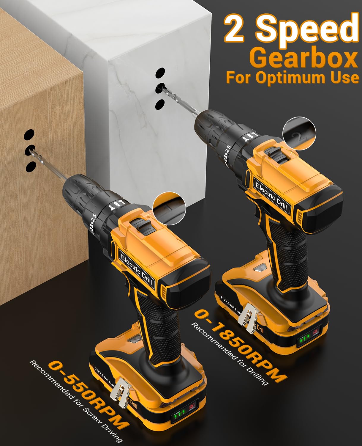 Cordless Drill Driver 21V, Cordless Hammer Drill with 2 Batteries 2000mAh, 25+3 Torque, 42N.m Max Electric Drill, 14PCS Drill Bits, 2 Speed, LED Light for Home and Garden DIY Project