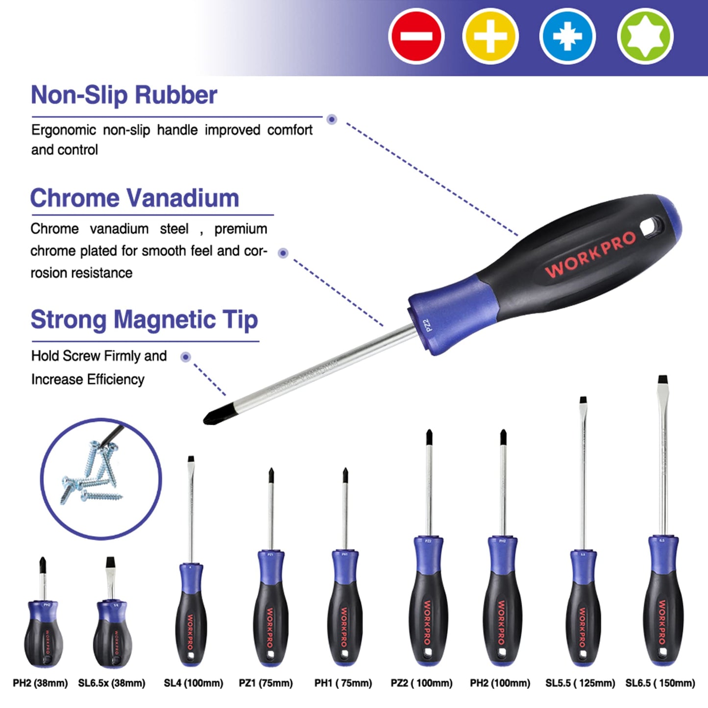 - WORKPRO Magnetic Screwdriver Set 16 Pcs with Case, Including Precision Screwdrivers, Universal Screwdriver and Magnetizer, with 4 Head Shapes(Flat/Phillips/Pozidriv/Torx)