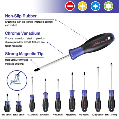 - WORKPRO Magnetic Screwdriver Set 16 Pcs with Case, Including Precision Screwdrivers, Universal Screwdriver and Magnetizer, with 4 Head Shapes(Flat/Phillips/Pozidriv/Torx)